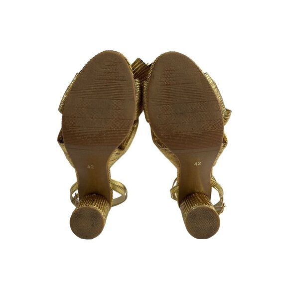Unbranded Women's Gold Lame Bow Pleated Block Heeled Sandals Sz 42 - Picture 7 of 10